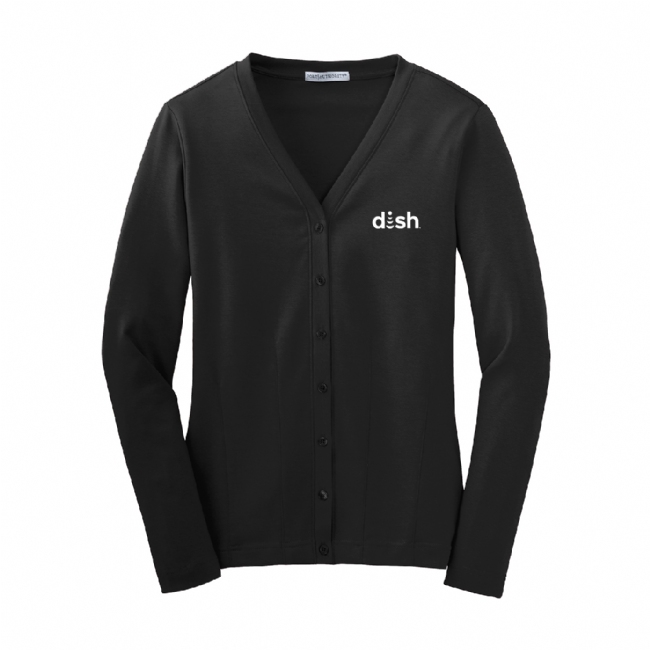 Ladies Modern Stretch Button-Front Cardigan with Dish Logo